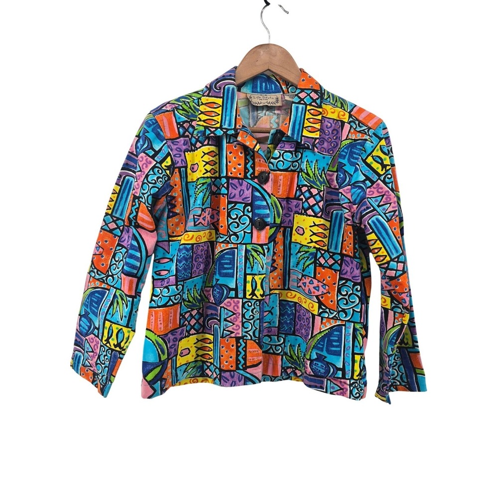 Life Style Petite Shirt Jacket Womens PM Multicolor Abstract Fish Art to Wear